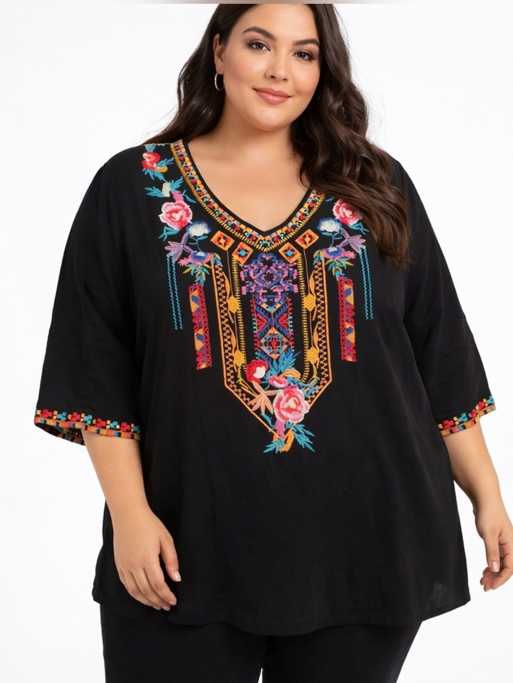 Black Embroidered Boho Tunic Top 2XL Floral V Neck Peasant Blouse